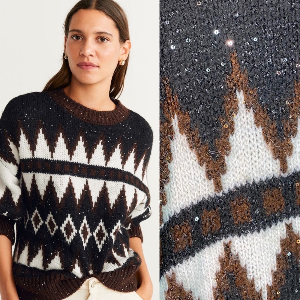 Mango Argyle Thick Boxy Sequin Sweater
